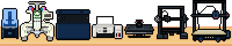 A table full of crafting machines such as 3d printers and a laser cutter.