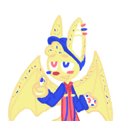 A half body drawing of Pad, a yellow sprinkle clown bat. They are drawn with a crayon brush.