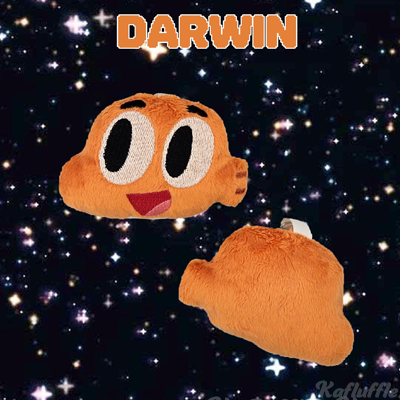 A plush keychain of Darwin, the orange fish from the amazing world of gumball
