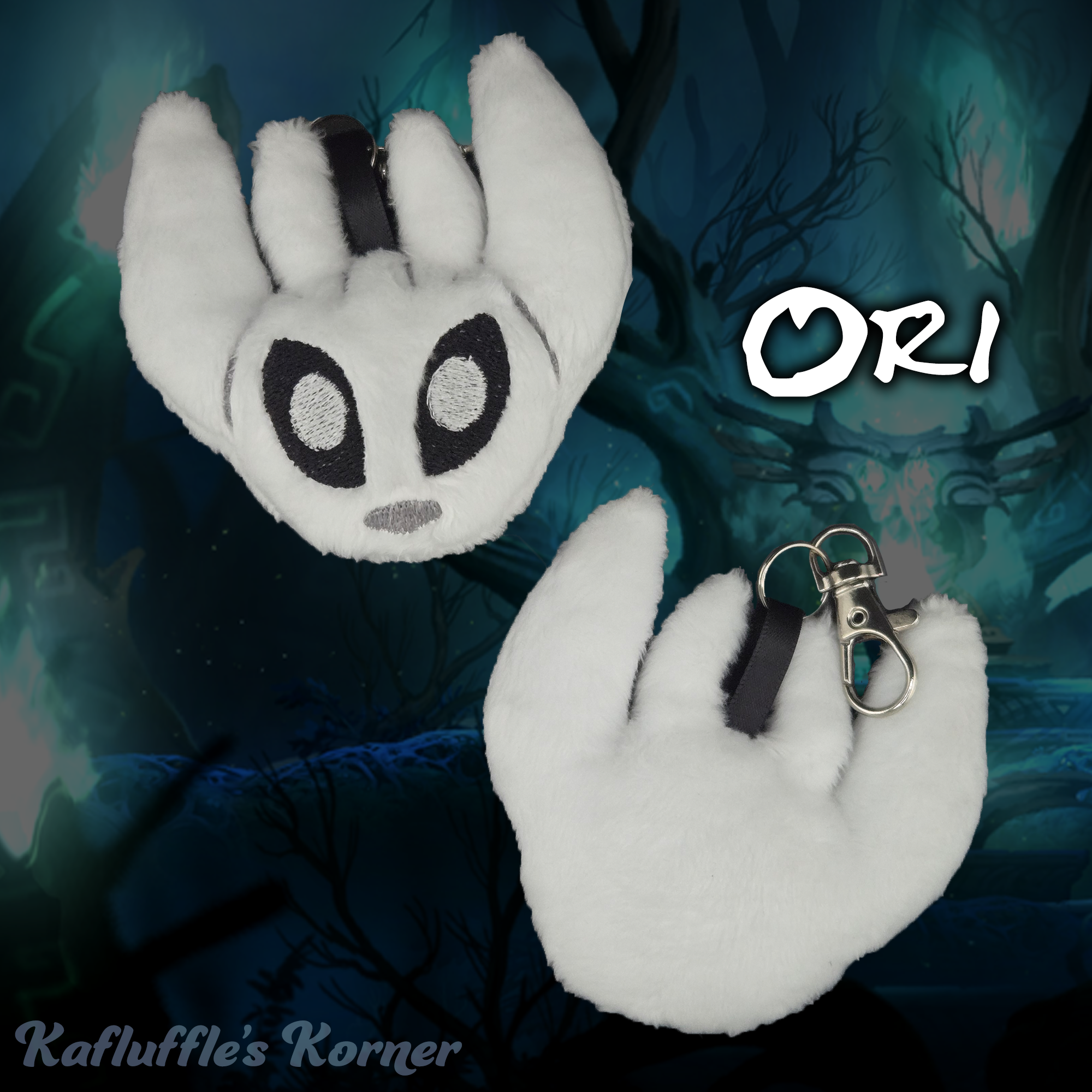 Plush keychain of a white creatures head